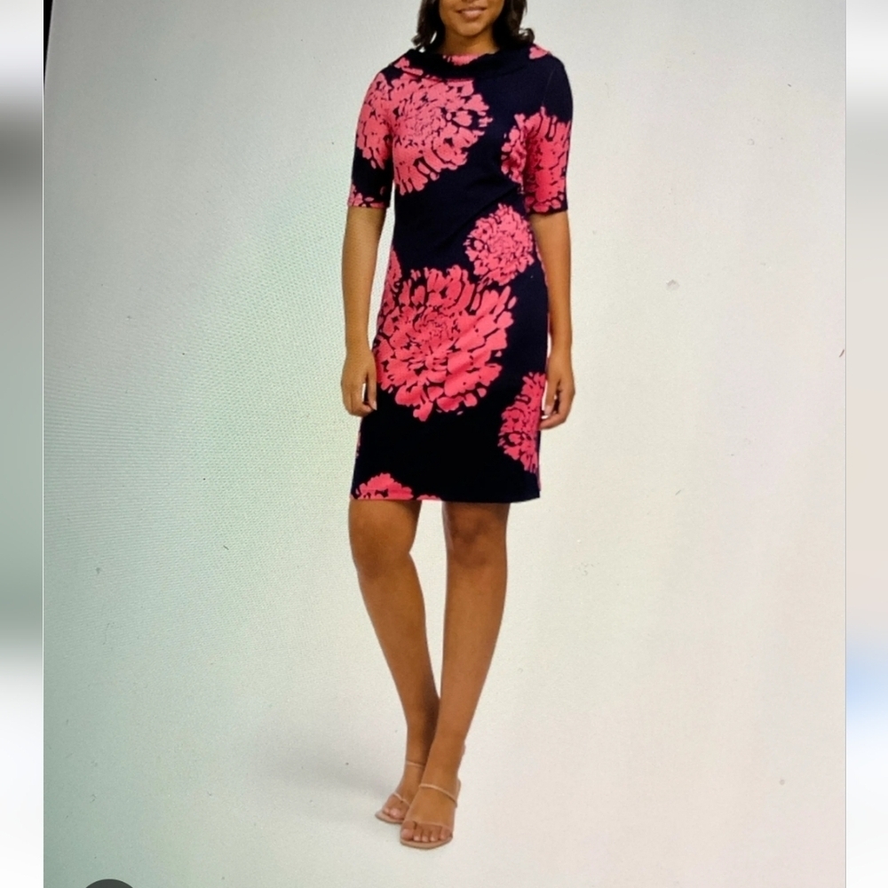 Trina Turk Navy & Pink Floral Ponte Knit Dress Mod Womens Size 8